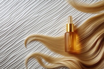 Fototapeta premium Golden serum bottle on blonde wavy hair with textured background