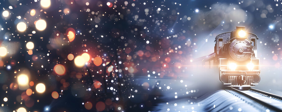 Magical Christmas train journey at night through the snow. Vintage steam locomotive with festive bokeh lights on a winter holiday background