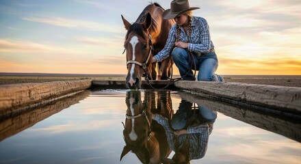 Western cowgirl kneels, tenderly touching her horse as it drinks from a rustic trough at golden sunset. Calm liquid reflects their figures on the vast prairie.
