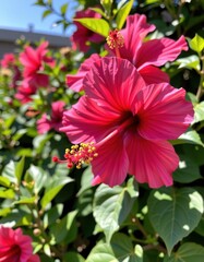 Fototapeta premium Vibrant fuchsia hibiscus blooms with sun-kissed petals, set against verdant foliage, garden, radiant, hibiscus