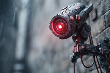 Fototapeta premium A detailed surveillance robot is mounted on a wet, brick wall. Its red light glows brightly, reflecting the dreary atmosphere of the rainy city around it.