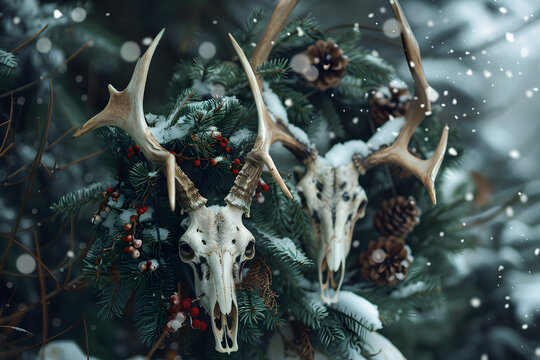 Deer skulls with antlers as a rustic winter decoration. Snowy evergreen branches with red berries for a pagan yule concept