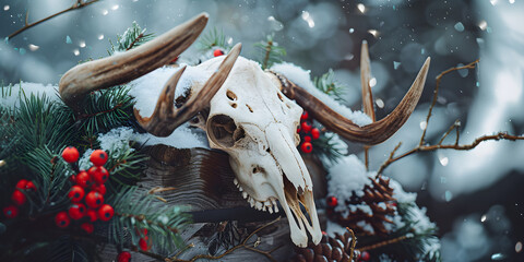 A deer skull with antlers covered in snow. Rustic winter still life with pine branches and red berries. Pagan Yule or Christmas alternative decoration concept