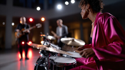 A dynamic female drummer in a pink outfit performs passionately on stage, surrounded by fellow musicians in a vibrant, colorful atmosphere during an electrifying live concert.