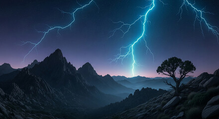 Dramatic view of lightning striking dark mountains at dusk, showcasing raw power and natural phenomenon, representative of nature's unpredictable force
