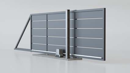 Modern automatic sliding metal gate on a white background &ndash; 3D illustration