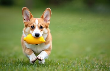 Small orange and white Pembroke Welsh Corgi dog runs on green grass with yellow rubber duck toy in mouth. Happy playful purebred pet plays outside in garden. Dog carries toy and moves forward.