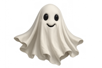 Cute ghost floating, smiling, celebrating halloween, spooky spirit character with transparent background