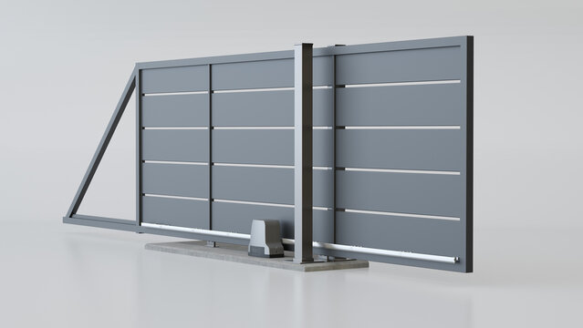 Modern automatic sliding metal gate on a white background &ndash; 3D illustration