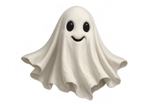 Cute ghost floating, smiling, celebrating halloween, spooky spirit character with transparent background