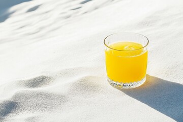 Refreshing orange juice glass on pristine white beach sand
