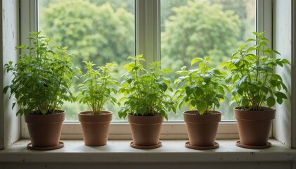 Herbs Growing in Pots on a Windowsill With a View of Greenery Outside