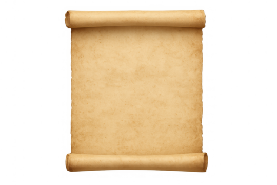 Old blank parchment scroll with aged texture presenting an antique document paper on a transparent background