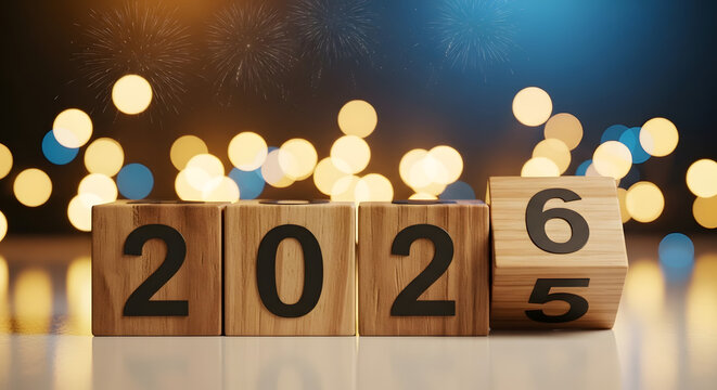 Wooden block calendar changing from 2025 to 2026 epresenting fresh beginnings and New Year transitions