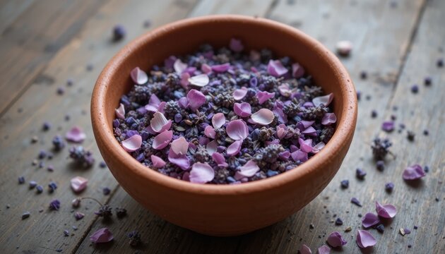 Dried Lavender and Flower Petals Arranged Beautifully in a Terracotta Bowl on a Wooden Surface - Powered by Adobe