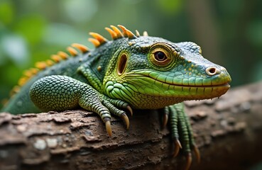 Fototapeta premium Large green lizard with orange spikes rests on thick brown tree branch. Textured scales, strong claws, golden eye visible in close-up. Tropical reptile lives in natural jungle environment.