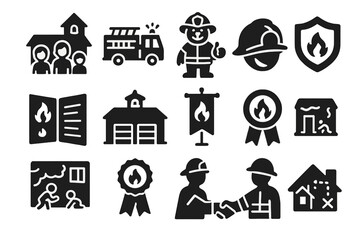 Fire Safety Icons. Solid style icons of Community and fire education: school visit, fire truck tour, mascot suit, kids helmet,