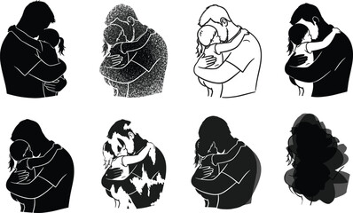 WebFather hugging child silhouettes, emotional family bond, love unity, parent child relationship, artistic textured styles, care support illustration