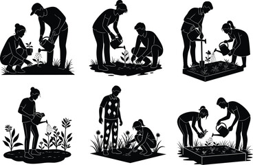 WebGardening silhouettes, people planting and watering, teamwork in garden, nature care, outdoor activity, sustainability, eco lifestyle, plant growth illustration