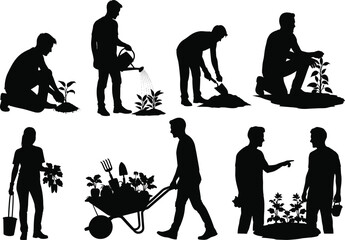 WebGardening silhouettes, people planting watering digging, teamwork in garden, eco lifestyle, outdoor activity, sustainability, plant care, horticulture work illustration