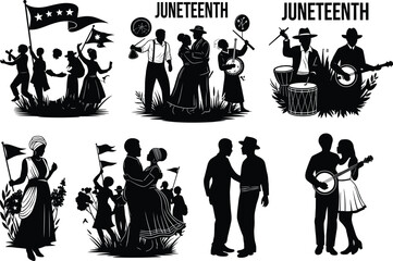 WebJuneteenth celebration silhouettes, cultural heritage, freedom festival, African American history, music dance unity, emancipation commemoration, tradition pride, community gathering illustration