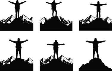 WebMountain peak silhouettes with person celebrating success, freedom adventure, outdoor exploration, achievement victory, nature landscape, climbing summit illustration