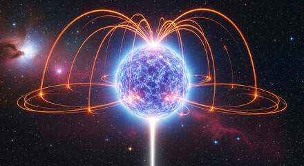Image of a blue star with orange magnetic field lines against a starry nebula, showcasing celestial power and cosmic energy, representing science and wonder