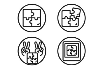 Finished Puzzle Icons. Line style round icons of finished puzzles: full image, flat grid, border complete, centered logo; clear