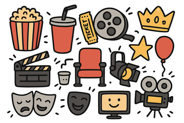 Cinema Icon Doodle. Cinema doodle icon set: hand drawn icons of popcorn, soda, ticket, film reel, clapperboard, chair, crown, star