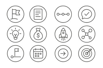 Campaign Planning Icons. Line style round icons of campaign planning: campaign flag, brief sheet, timeline bar, message tone;