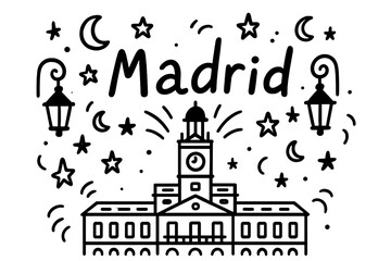 Madrid Night Doodle. Doodle madrid puerta del sol with stars, moons, and lanterns, center word “Madrid” in black and white