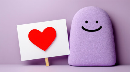 A purple stuffed animal with a smile on its face