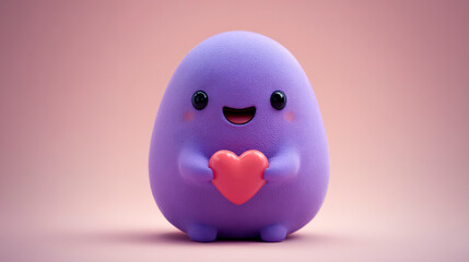A purple cartoon character holding a heart
