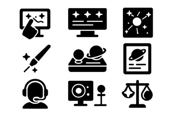 Planetarium Tools Icons. Solid style icons of Planetarium tools and displays: touch screen, info panel, star chart, red pointer,