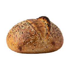 Whole Loaf of Artisan Sourdough Bread with a Golden Brown Crust Topped with Black and White Sesame Seeds.