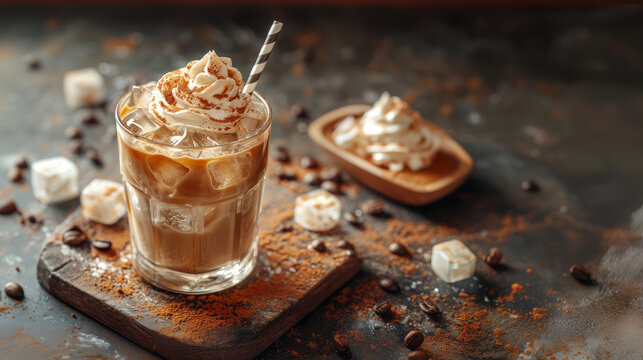 Iced Coffee With Whipped Cream And Chocolate Sprinkles Served In A Clear Glass With Ice Cubes On A