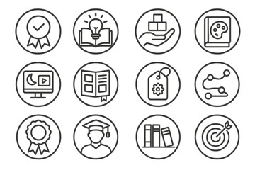 Lifelong Learning Icons. Line style round icons of lifelong learning: self-paced badge, knowledge icon, skill building, hobby book