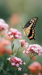Fototapeta premium A butterfly perched on pink flowers in soft natural light.