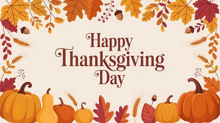 Happy Thanksgiving banner, card with autumn leaves background, vector, fall leaf, clipart & happy Thanksgiving calligraphy, lettering, text, words, typography, created with generative ai