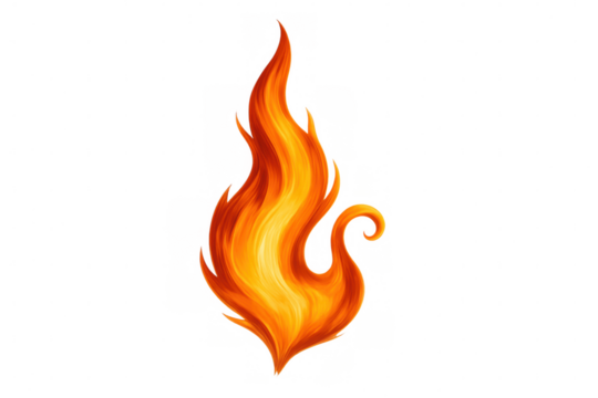 Fire flame illustration with dynamic swirly shape, burning orange and yellow gradient, heat and energy concept on transparent background