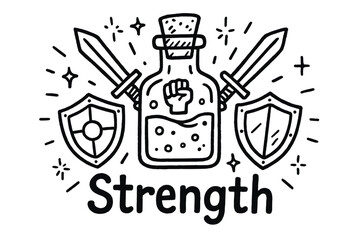 Strength Potion Doodle. Doodle strength potion with swords, shields, and sparks, center word &ldquo;Strength&rdquo; in black and white