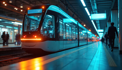 Modern tram arrives at station platform. People wait on station. Train driver controls vehicle with digital interface. Commuters walk on platform. Future transport technology in city. Night scene