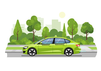 A green taxi drives along a road against a backdrop of trees and city buildings © aditya