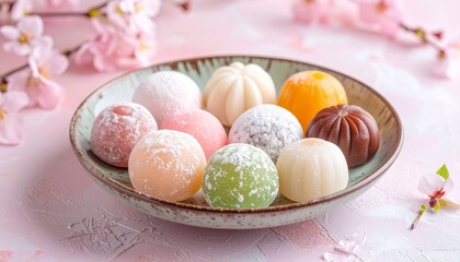 桜に囲まれたパステルカラーの繊細な和菓子