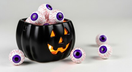 Spooky Halloween fun awaits you with this pumpkin filled with eyeballs, ready for trick or treat, get your scary decorations now for a memorable party!