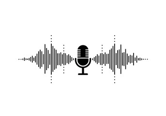 Audio podcast microphone with digital soundwave illustration.