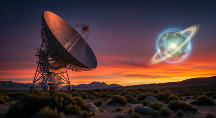 Wide shot of radio telescope on desert plain with distant planet, symbolizing exploration, discovery, and astronomical research at dusk atmosphere
