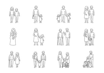 Family illustrations depicting various relationships and dynamics in different settings.