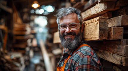 Smiling mature bearded carpenter leaning against timber stacks in woodworking workshop for construction websites and social media marketing