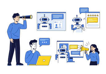 People interacting with AI chatbots for various tasks and communication.